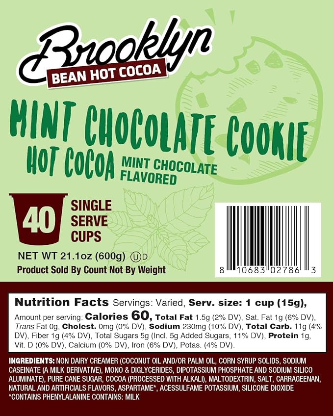 Brooklyn Bean Roastery Mint Chocolate Cookie Single-Cup Hot Cocoa for Keuirg K-Cup Brewers, 40 Count