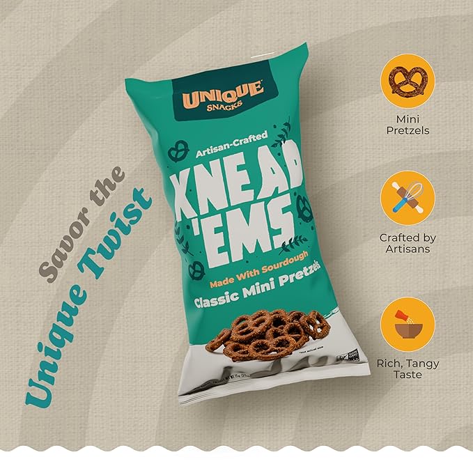 Unique Snacks Knead 'Ems, Sourdough Mini Pretzels, Artisan-Crafted Vegan Snacks, Non-GMO, Kosher Chips, 11 oz. Snack Bags, Pack of 6