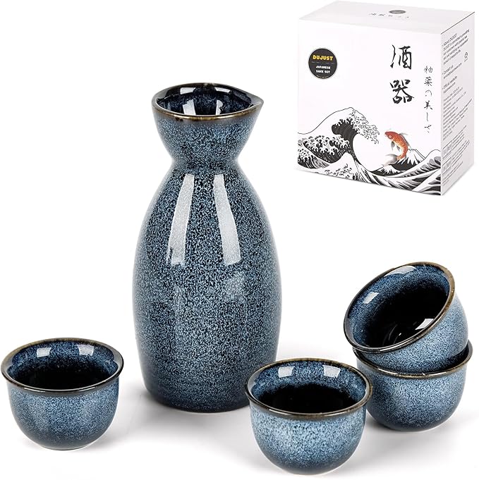 DUJUST 5 pcs Japanese Sake Set, Kiln Altered Glaze Porcelain Sake Set, 1 Bottle, 4 Cups & 1 Gift Box, Warm Carafe, Special Japanese Gift Set - blue