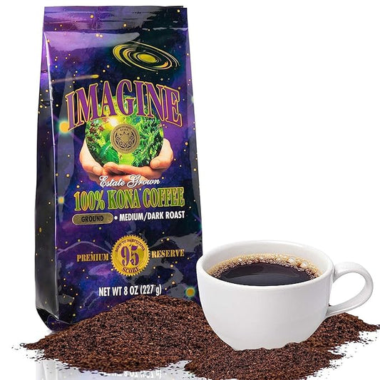 Imagine Kona Organic Coffee Beans | Arabica Kona Beans | Top Grade Air Roasted | Medium Dark Roast | Organic Whole Bean (Ground, 8 ounce)