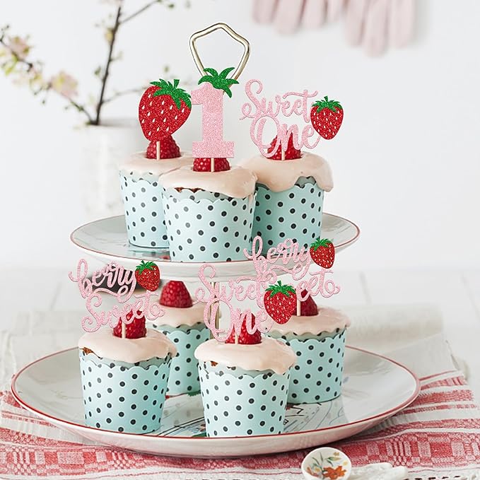 24 Pack Sweet One Cupcake Toppers Glitter First Birthday Strawberry Cupcake Picks for Fruit Baby Shower 1st Birthday Berry Sweet Cupcake Decorations Party Supplies Pink