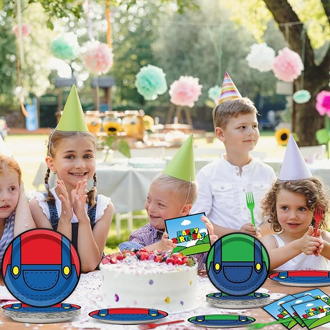 96 Pcs Super Brother Party Supplies Set Super Brother Plates Super Video Games Tablewear and Napkins Forks Super Bros Birthday Party Decorations for Kids Baby Shower Serves 24