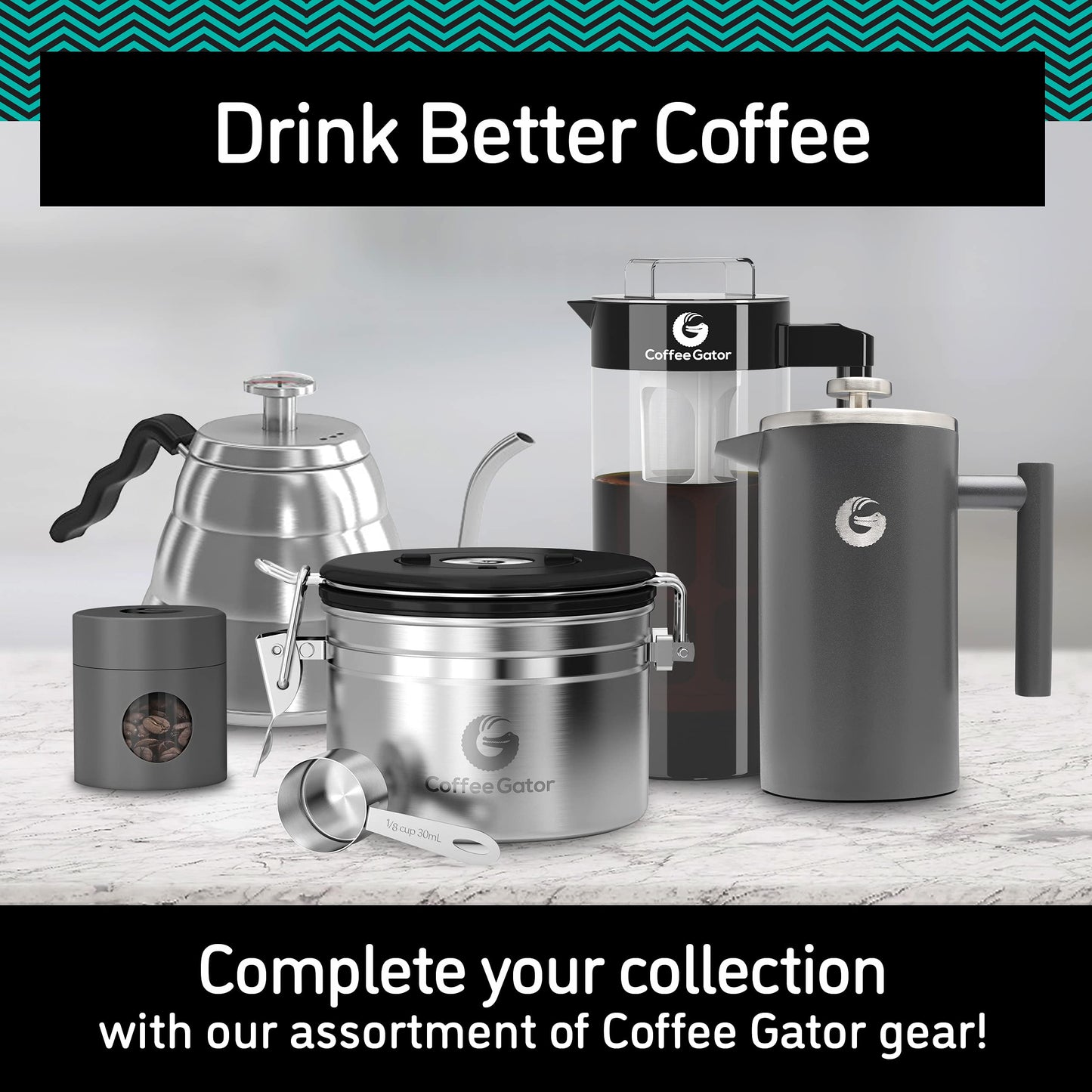 Coffee Gator Gooseneck Kettle with Thermometer - 40oz Premium Stainless Steel Pour Over Coffee