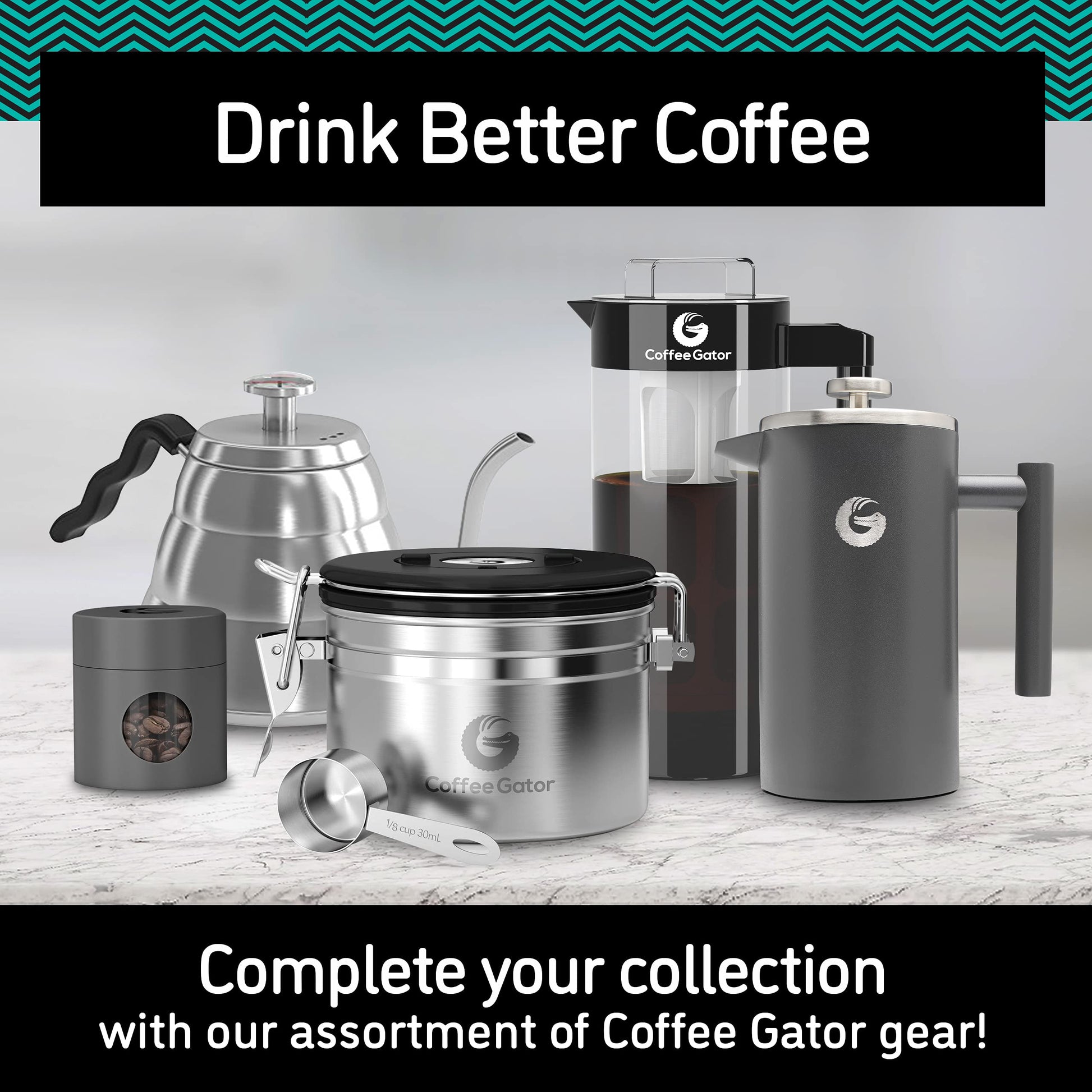 Coffee Gator Gooseneck Kettle with Thermometer - 40oz Premium Stainless Steel Pour Over Coffee