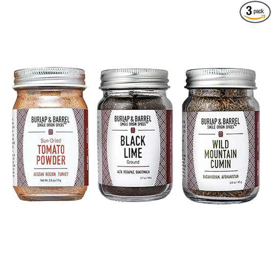 Burlap & Barrel Taco Seasoning Single Origin Spice Set - Wild Mountain Cumin, Sun-Dried Tomato, Ground Black Lime - As seen on Shark Tank - 3 Full Size in a Gift Box