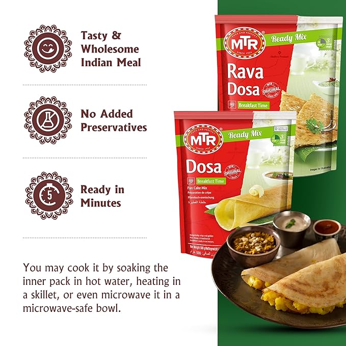 MTR Instant Assorted Mix - Ready to Cook Authentic Indian Breakfast, Lunch, Dinner or Snack Meal - No Added Preservatives - A Quick & Easy Recipe Suitable for Vegetarians - (Dosa Mixes, Pack of 2)