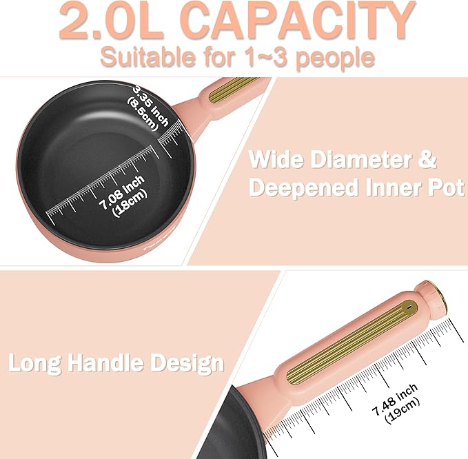 TOPWIT Hot Pot Electric, ?윇?릩 Electric Pot, Non-Stick Portable Cooker, Portable Hot Pot, Saut챕 Pan for Steak, Egg, Fried Rice, Ramen, Soup with Dual Power Control (Silicone Spatula Included), Peach