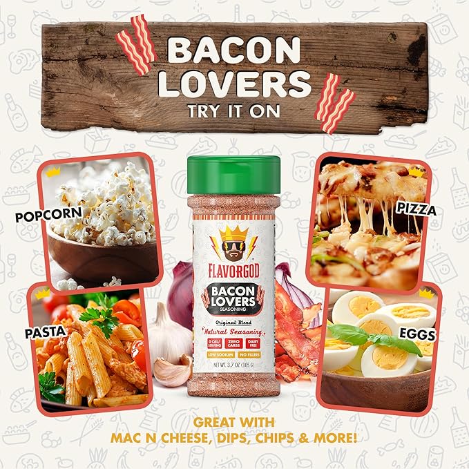 Bacon Lovers Seasoning Mix, 2 Bottles by Flavor God - Premium All Natural & Healthy Spice Blend for Beef, & Eggs - Kosher, Low Sodium, Gluten-Free, & Vegan - Great Flavor Spices and Seasoning Gift