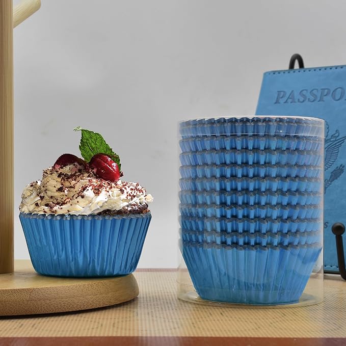 200 Pcs Blue Foil Cupcake Liners Standard Baking Cups Muffin Paper Cases