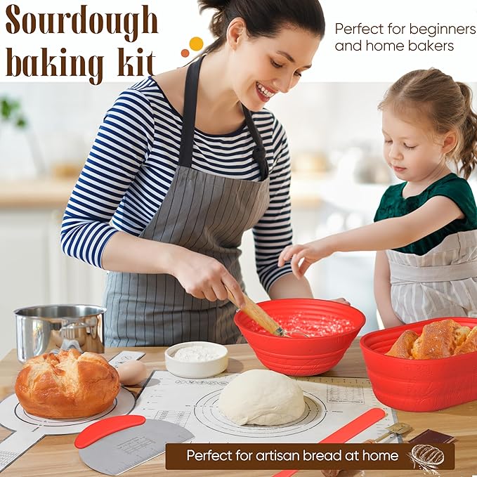 Sourdough Starter Kit with Jar ??Complete Sourdough Bread Baking Supplies for Beginners, Includes 2 Silicone Proofing Baskets Baking Mat Sour Dough Kit - Red