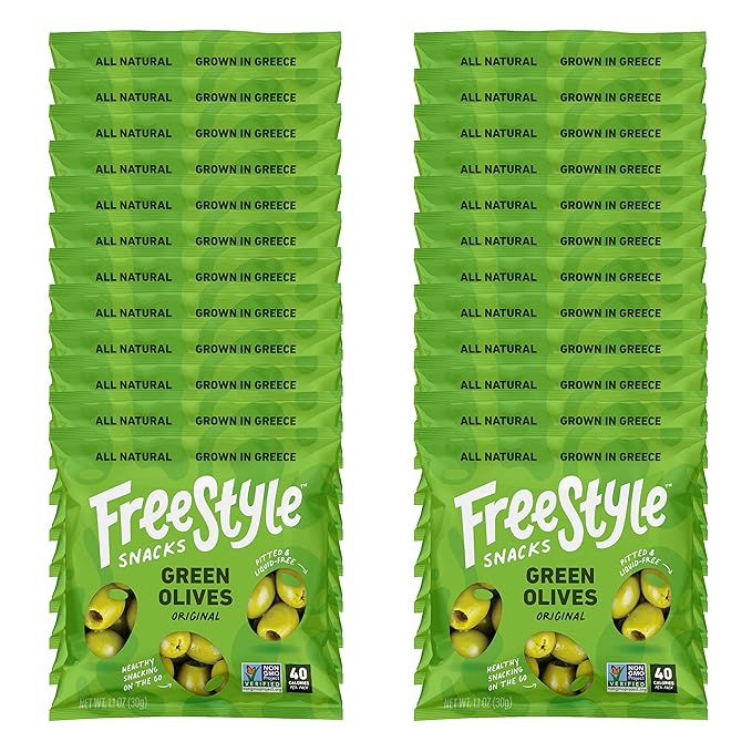 Freestyle Snacks Olive Snack Packs - Single Serve - Fresh Pitted Green Olives, Jumbo-Sized, Grown in Greece, All Natural, Non-GMO, Paleo, Sugar-Free, Keto, Salty Snack - Original, 1.1oz (24 Pack)