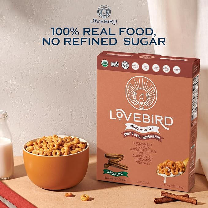Lovebird Healthy Cereal That Actually Tastes Good - Organic & 100% Real Food, No Refined Sugar & Gluten Free Cereal, Paleo, Keto Friendly Healthy Snacks for Kids, Adults - [Cinnamon] [3-Pack]