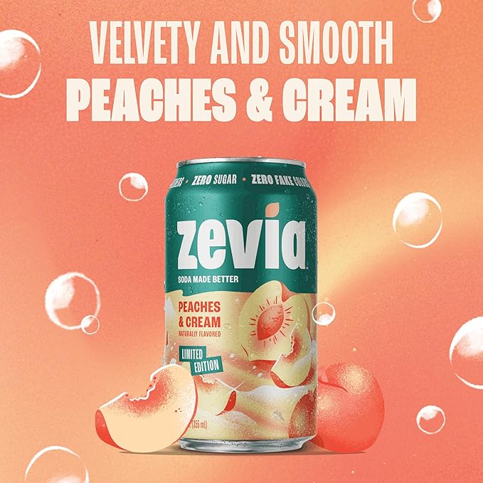 Zevia Zero Sugar Soda, Peaches and Cream, 12 oz Cans (8-Pack) ??Caffeine Free, Naturally Sweetened, No Calorie Soda - Non-GMO Project Verified, Gluten-Free, Vegan
