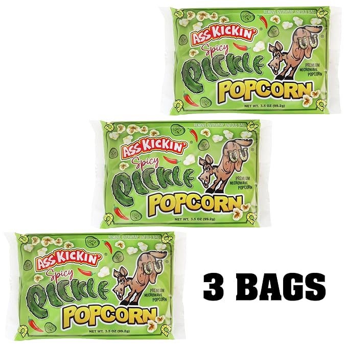 ASS KICKIN' Spicy Pickle Microwave Popcorn Bags - 6 Pack - Ultimate Spicy Pickle Gourmet Popcorn Gift - Makes a Great Movie Theater Popcorn or Snack Food for Movie Night (6)