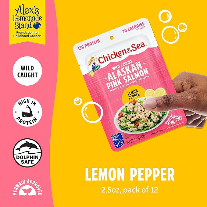 Chicken of the Sea Alaskan Pink Salmon, 2.5 Ounce Packets (Box of 12), Wild Caught Salmon, Lemon Pepper