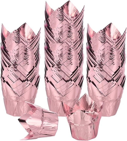 uxcell 100 Pcs Tulip Cupcake Liners, Muffins Liners Aluminum Foil Cupcake Wrappers Baking Cups Muffins Liners for Wedding Birthday Party Supplies, Rose Gold