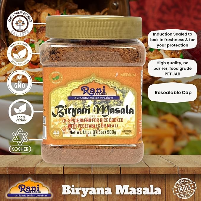 Rani Biryani Masala Curry (7-Spice Blend for Indian Rice Dishes, Pullao/Pilau) 17.5oz (1.1lb) 500g PET Jar ~ All Natural | Vegan | No Colors | Gluten Friendly | NON-GMO | Kosher | Indian Origin