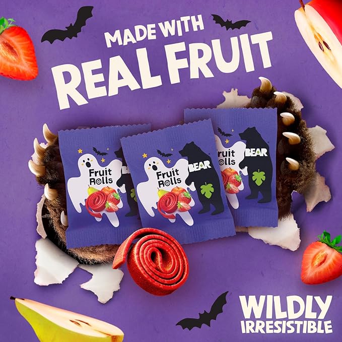 BEAR Real Fruit Snack Rolls - Gluten Free, Vegan, and Non-GMO - Strawberry ??Halloween Pack - 20 Rolls, Healthy School And Lunch Snacks For Kids And Adults, 0.34 Ounce (Pack of 20)