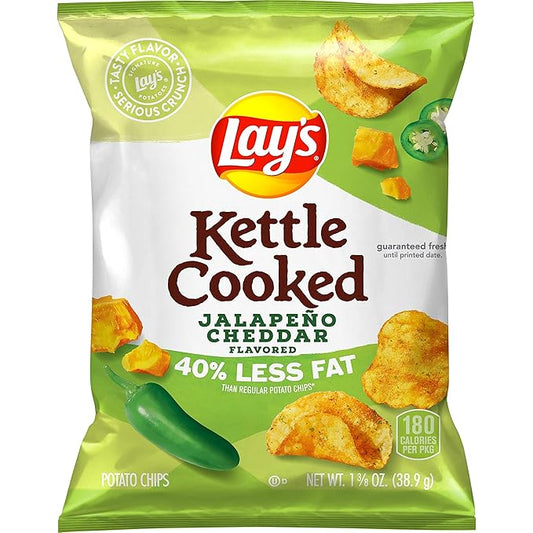 Lay's Kettle Cooked Potato Chips, 40% Less Fat Jalape챰o Cheddar, 1.375 Ounce (Pack of 64)