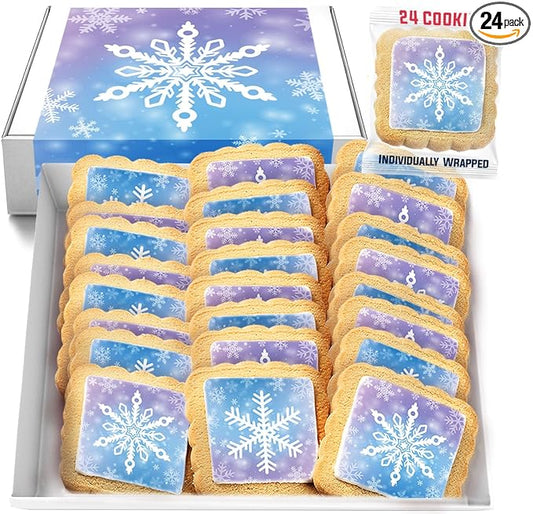 Snowflake Cookies Frozen in Individually Wrapped Snowfake Winter themed Theme Party Favors 24 Pack Bulk for Kids Birthday Party Sugar Cookie Blue White Purple