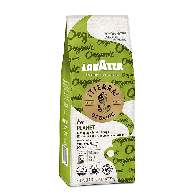 Lavazza 징Tierra! Organic Planet Ground Coffee Light Roast, 10.5 Oz Authentic Italian, Value Pack, Blended And Roated in Italy, 100% USDA Organic Arabica coffees (Pack of 6)