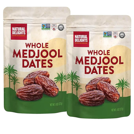Natural Delights Medjool Dates Whole - Non-GMO Verified Fruit, Good Source of Fiber & Potassium, Naturally Sweet, Snack for On-the-Go, Large & Plump Dates - 8 oz Pouch (Pack of 2)