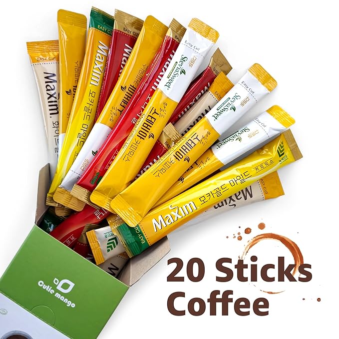CUTIE MANGO Maxim & Stevia Variety 20 Sticks Premium Korean Instant Coffee Sampler White Mocha Original Zero Sugar Stevia Assortment Café Style Camping Party 4 Flavors Packets Easy-Cut (5 Sticks Each)