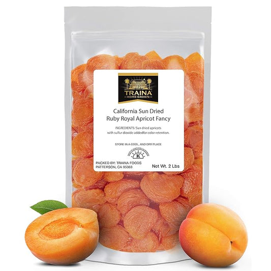Traina Home Grown California Sun Dried Ruby Royal Apricot Halves - SEASONAL/LIMITED - Healthy, No Sugar Added, Non GMO, Gluten Free, Kosher Certified, Vegan, Packed in Resealable Pouch (2 lbs)