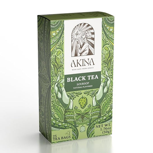 Akina Single-Origin Soursop Tea Bags | 100% Naturally Flavored, Black Tea, Kenyan Origin, Gourmet, Tropical Fruit, Boost to your immune system (25 String & Tag Bags, 50g)
