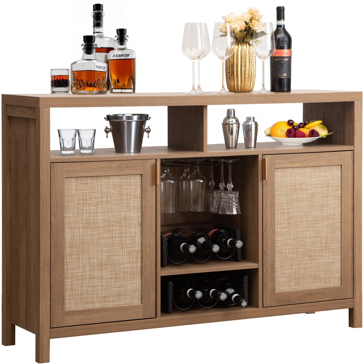 SICOTAS 51" Coffee Bar Cabinet with Storage, Rattan Bar Cart Liquor Cabinet