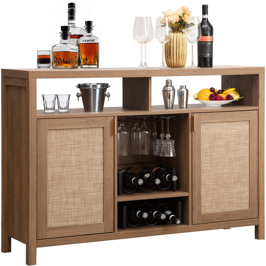 SICOTAS 51" Coffee Bar Cabinet with Storage, Rattan Bar Cart Liquor Cabinet