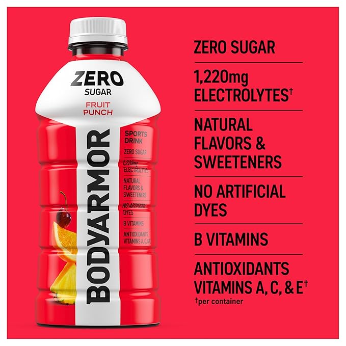 BODYARMOR ZERO Sugar Fruit Punch, Sugar Free Sports Drink - Low-Calorie Hydration - Natural Flavors with Potassium Packed Electrolytes, Antioxidants, and B-vitamins, 28 fl oz (Pack of 15)