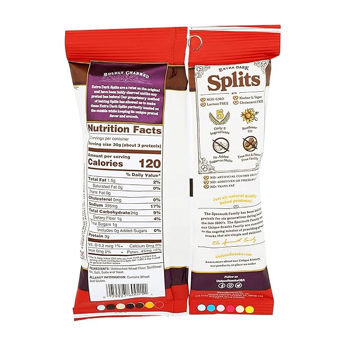 Unique Snacks Extra Dark Splits Pretzels, Original Split-Open Pretzels, Delicious Homestyle Baked Snack Bag, Vegan, OU Kosher, and Non-GMO Food, No Artificial Flavor, 2.12 Oz. Bag, Pack of 24
