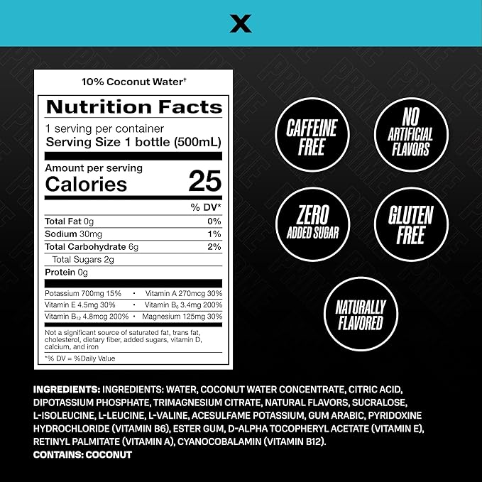 PRIME Hydration PRIME X, Sports Drinks, Electrolyte Enhanced for Ultimate Hydration, 250mg BCAAs, B Vitamins, Antioxidants, Low Sugar, 16.9 Fl Oz, 12 Pack