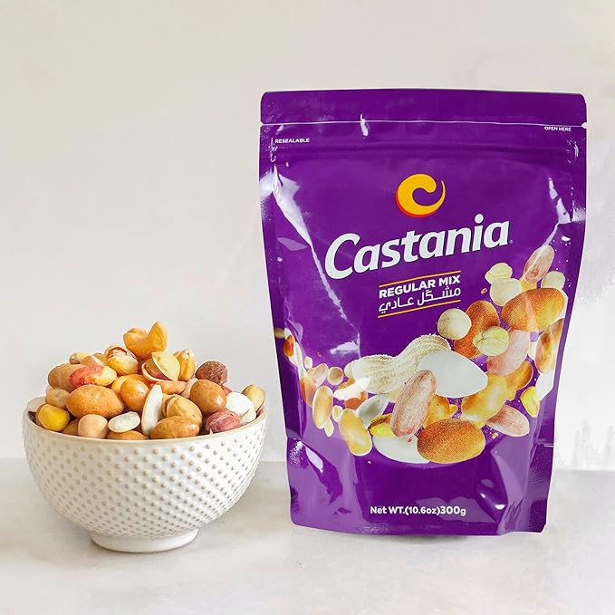 Castania BBQ Lebanese Mixed Nuts, Regular Mix with Peanuts, Pumpkin Seeds, Corn, and Chickpeas, 10.6oz (Pack of 4)
