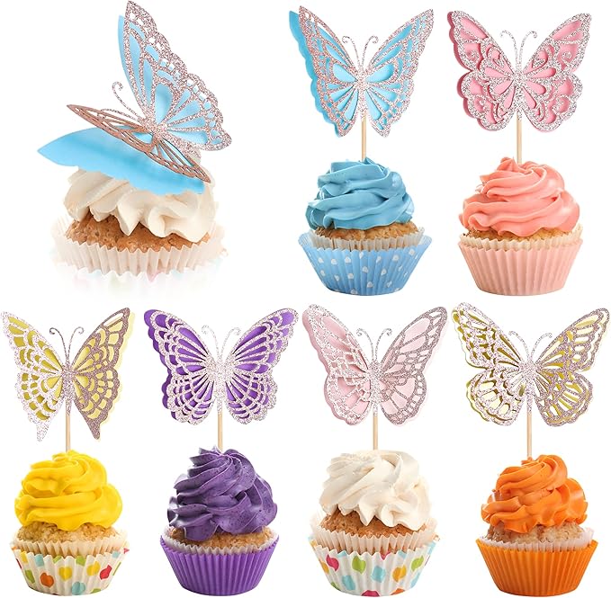 Rsstarxi 24 Pack Butterfly Cupcake Toppers Glitter Double Layers 3D Cupcake Picks Baby Shower Cake Decorations for Wedding Engagement Bridal Shower Birthday Party Supplies