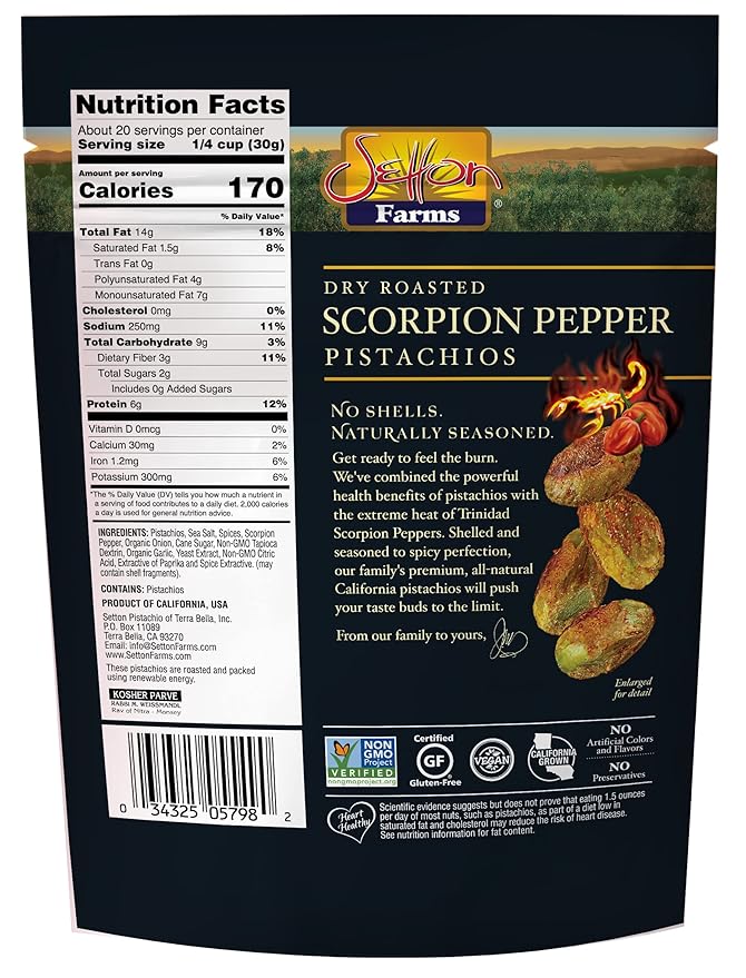 Setton Farms Pistachios, Scorpion Pepper Extreme Flavor Pistachios Value Bag, Naturally Seasoned, Dry Roasted No Shell Pistachios, Non-GMO Project Verified, Gluten Free, Vegan, Kosher, 20 Oz