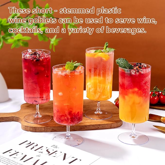 Ciaell 12 Pack Clear Plastic Wine Goblets - 14 Oz Plastic Wine Glasses with Short Stem - Disposable Water Drinking Cups for Juice, Cocktail, Wine, Party