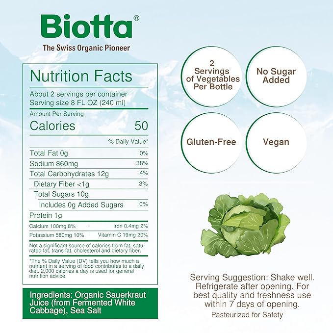 Biotta Organic Sauerkraut Juice - 100% Vegetable Juice for Energy, Immunity & Wellness - Excellent Source of Nutrients - All Natural, Non-GMO, Gluten-Free (16.9 Fl Oz, Pack of 6)