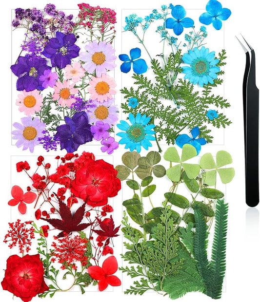 Nuanchu Pressed Flowers Bulk Dried Flower for Crafts, Dried Wildflowers Leave Natural with Tweezer for Resin Mold Scrapbooking Nail Soap Making DIY(Gentle Style,Lively Color)