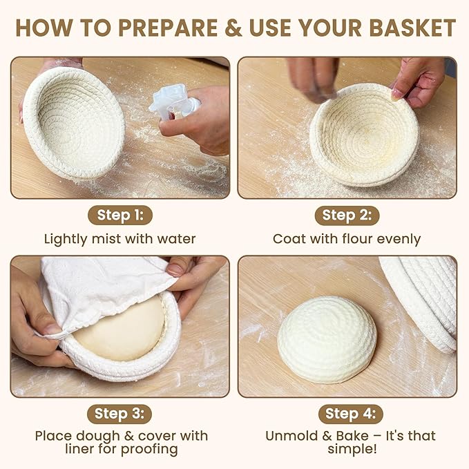Mini Bread Dough Proofing Basket (5.5'', Set of 6), Natural Cotton Rope Mini Banneton Basket & Liner, Sourdough Banneton Basket for Bread Bowls & Small Loaves