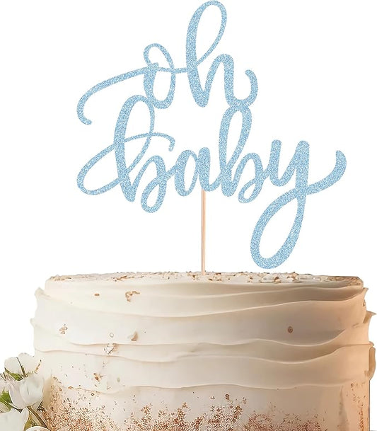 Oh Baby Cake Topper - Light Blue Glitter Baby Shower Cake Decorating Supplies for Boys or Girls, Baby Shower Cake Topper for Gender Reveal Baby Birthday Party Photo Booth Props