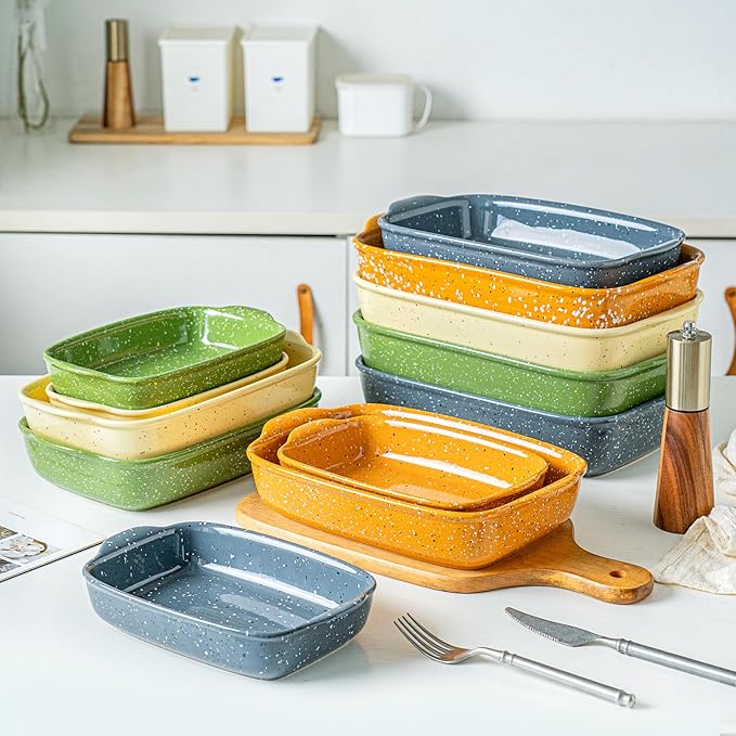 Ceramic Baking Dishes for Oven,Heavy Duty Bakeware Dish Set of 3, Rectangular Casserole,Lasagna Pan Deep,High Heat Resistant,Glazed Handcraft Speckle Series (13.8''/12''/9.6''Green)