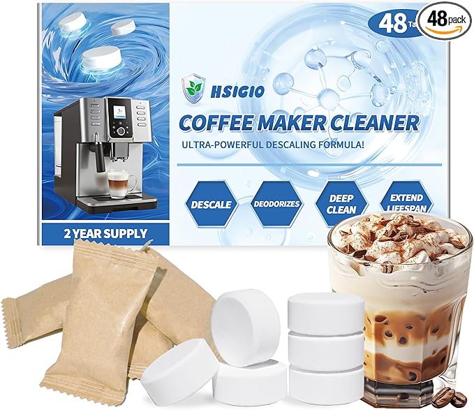 48Pack Coffee Machine Cleaner Descaler Tablets,Espresso Machine Cleaning Tabs,Cleaning Coffee Maker Accessories,Descaling Solution For CoffeeMaker-Odor-Free-2 Years Supply Compatible With Most Brands