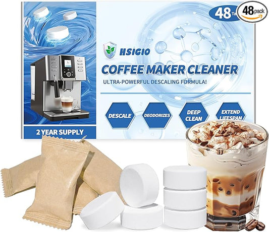 48Pack Coffee Machine Cleaner Descaler Tablets,Espresso Machine Cleaning Tabs,Cleaning Coffee Maker Accessories,Descaling Solution For CoffeeMaker-Odor-Free-2 Years Supply Compatible With Most Brands
