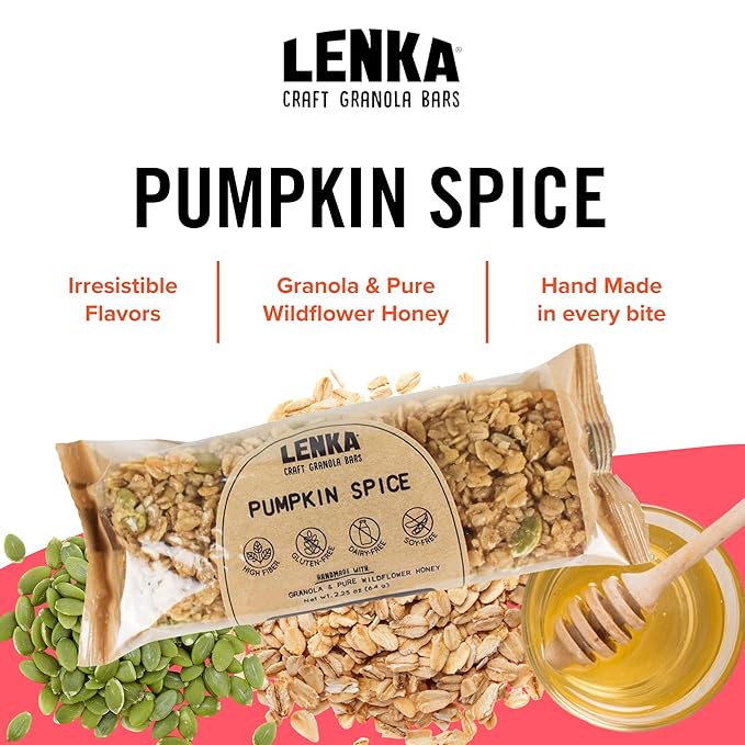 Lenka Bars - Pumpkin Spice Snack Bars, Gluten Free, High Fiber, Kosher, Wholesome, No Artificial Flavors, Individually Wrapped - 12 Pack