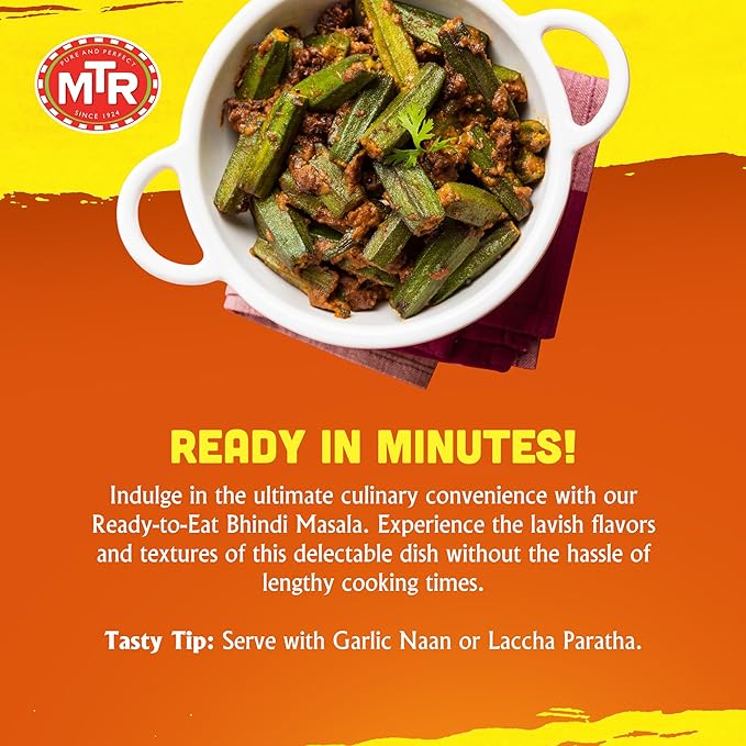 MTR - Bhindi Masala - Fried Okra in Spiced Gravy - Authentic Indian Ready To Eat Meal - Plant-Based, Delicious Microwave Food - Perfect for Quick and Nutritious Indian Cuisine Lovers - (Pack of 6)