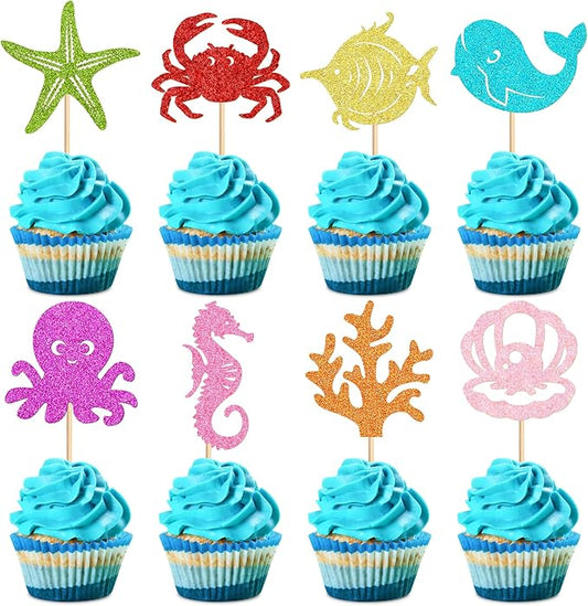 24 Pcs Ocean Cupcake Toppers - Ocean Theme Party Decorations Sea Animals Dolphin Whale Turtle Octopu Weaweed Party Cake Picks for Kids Under the Sea Baby Shower Birthday Party Supplies ??"<div>