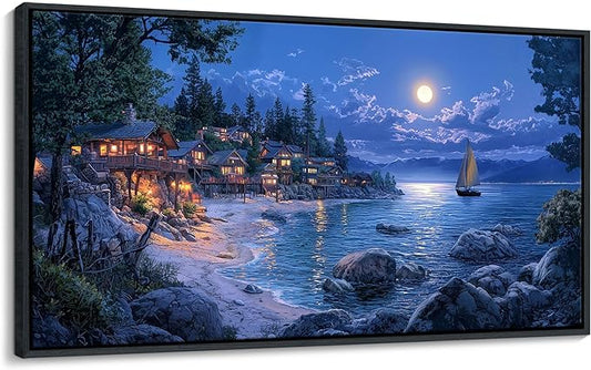 CHATYOUNG Coastal Living Room Wall Art, Large Blue Ocean Moon Night Seashore Canvas Black Framed Wall Pictures Modern Artwork Wall Painting for Bedroom Living Room Kitchen Home Office Decor 29x58 IN