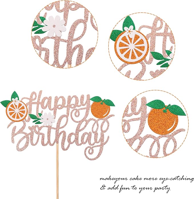 1 Pack Orange Cake Topper Glitter Happy Birthday Cake Pick for Fruit Theme Baby Shower Kids Birthday Party Tangerine Fruit Party Cake Decorations Supplies Rose Gold